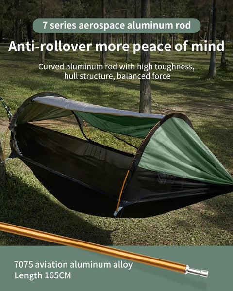 3 In 1 Camping Hammock Tent With Mosquito Net And Sunshade For Two, Ultralight and Extra Large, features aluminum rod for stability.