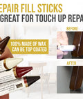 All In One Wood Furniture And Floor Restoration Kit For Scratch Repair And Polish On Light And Dark Surfaces With Microfiber Cloth Includes Four Toned Wax Fill Sticks And Scratch Removers Plus Cleaner And Polish For Concealment And Lasting Shine with wax fill sticks demonstration on wood surface.