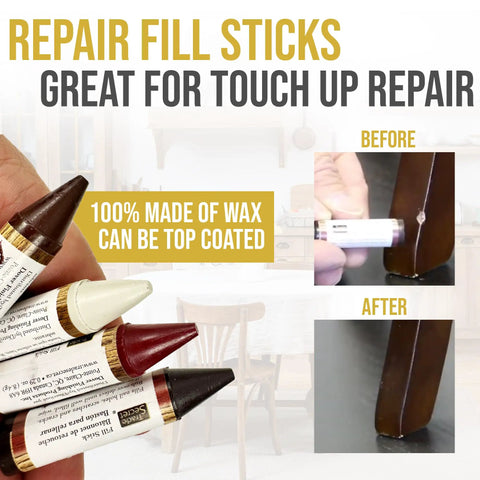 All In One Wood Furniture And Floor Restoration Kit For Scratch Repair And Polish On Light And Dark Surfaces With Microfiber Cloth Includes Four Toned Wax Fill Sticks And Scratch Removers Plus Cleaner And Polish For Concealment And Lasting Shine with wax fill sticks demonstration on wood surface.
