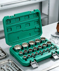 Ultimate 12 Point Socket Set With Power Drill Adapter For Tough Auto Jobs Includes Hard Case To Keep Tools Organized And Ready For Any Heavy Duty Repair Or Restoration Shred Project open case with chrome sockets