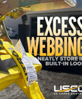 Ultra Badass Heavy Duty J Hook Ratchet Straps For Hauling Cargo On Trailers And Pickups Two By Twelve Feet 10k Break Strength showing excess webbing storage feature.