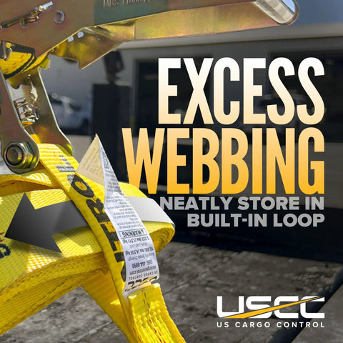 Ultra Badass Heavy Duty J Hook Ratchet Straps For Hauling Cargo On Trailers And Pickups Two By Twelve Feet 10k Break Strength showing excess webbing storage feature.