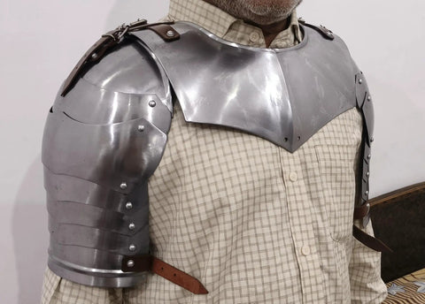 Medieval Iron Gorget With Pauldrons And Gothic Spaulders Armor Set fully wearable on adult with adjustable leather straps