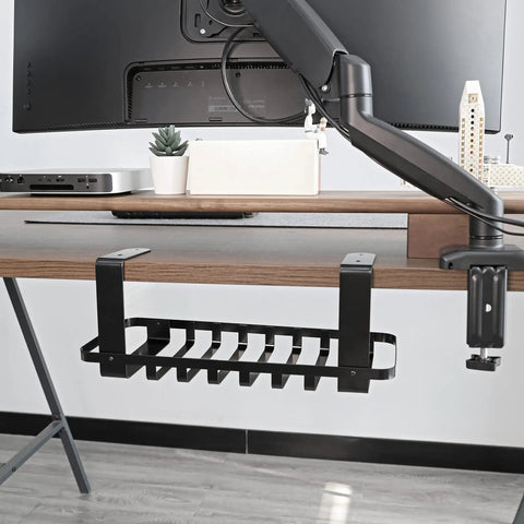 Heavy Duty Under Desk Cable Management Tray Designed As A Complete Game Changer For Crushing Cord Chaos Without Any Messy Drilling To Keep Your Workspace Looking Slick And Totally Stress Free In Matte White mounted under a wooden desk.