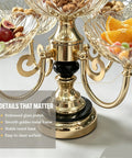 Smooth Spin Five Plate Amber Glass Serving Stand With Four Swivel Bowls And One Center Platter Gold Plated Bracket Black Crystal Details close-up of stable round base and embossed glass.