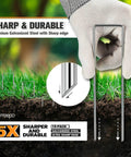 10-Pack 6-Inch Heavy Duty Landscape Staples Tough-As-Nails Rust-Proof Galvanized 11-Gauge U-Pins inserted into soil