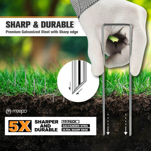 10-Pack 6-Inch Heavy Duty Landscape Staples Tough-As-Nails Rust-Proof Galvanized 11-Gauge U-Pins inserted into soil