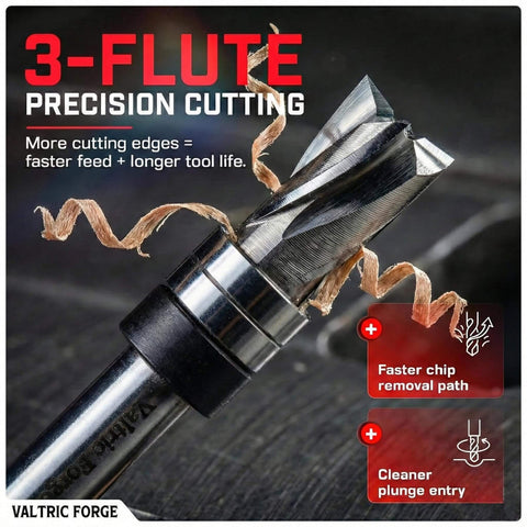 Down Cut Flush Trim Router Bit With One Quarter Inch Shank, Three Eighths Inch Cutting Diameter, Three Flute Solid Carbide Bit