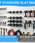 12 Pack Slatwall Bins With Hooks Organization Kit For Garage Workshop Slatwall Panels Durable Plastic Storage Bins displayed on slatwall panel with tools and equipment.