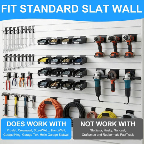 12 Pack Slatwall Bins With Hooks Organization Kit For Garage Workshop Slatwall Panels Durable Plastic Storage Bins displayed on slatwall panel with tools and equipment.