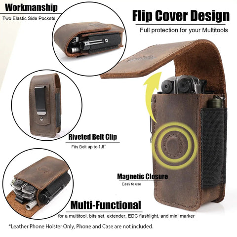 Badass Leather Multitool Sheath For Men Featuring Magnetic Closure Belt Holster Everyday Carry Organizer with side pockets.