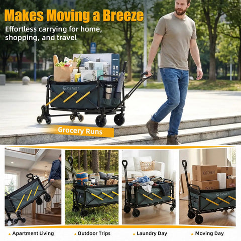 Man using Foldable Stair Climbing Cart With Triangular Wheels For Groceries And Laundry while climbing steps outdoors