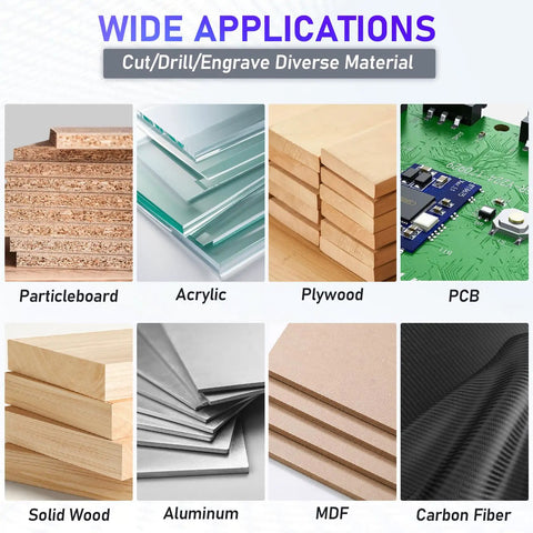 Go-To Quarter Inch Shank CNC Router Bit Kit With ER16 Collet application on various materials like wood, acrylic, PCB, and more