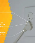 Indoor SlimLine 16/2 Flat Plug Extension Cord 7 Foot White Ideal For Clocks Lamps And Lighting In Home Or Office Space Saving Flat Design Keeps Cords Hidden And Clutter Free, shown plugged into wall outlet with details highlighted