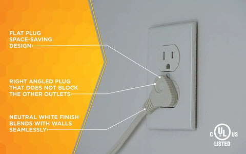 Indoor SlimLine 16/2 Flat Plug Extension Cord 7 Foot White Ideal For Clocks Lamps And Lighting In Home Or Office Space Saving Flat Design Keeps Cords Hidden And Clutter Free, shown plugged into wall outlet with details highlighted