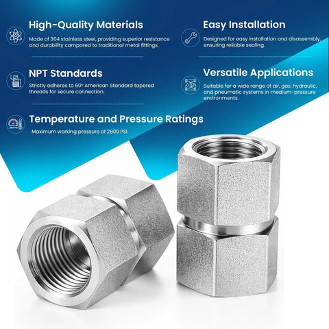 3/8 x 3/8 NPT Hex Coupling Double Female Pipe Fitting, 304 Stainless Steel, Beefy 4500 PSI Heavy Duty, Leak Proof Connector, 2 Pack