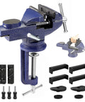 Heavy Duty Tough As Nails Three Inch Bench Vise Featuring A Rock Solid 360 Degree Rotating Base And Sure Grip Jaws for DIY tasks with accessories.