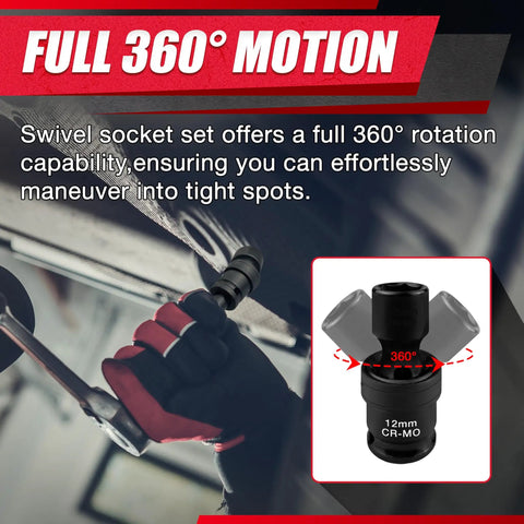 Mechanic using 18 Piece Half Inch Drive Shallow Universal Impact Socket Set with Swivel and Flexible Wobble Sockets CR MO Construction
