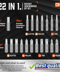 Set of bits for 22 In 1 Ratchet Screwdriver Set With Precision Slotted Philips Pozi And Torx Bits, Ergonomic Handle, Quick Bit Change