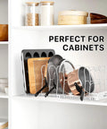 Built Tough Expandable Pan Rack With Ten Adjustable Compartments Heavy Duty Kitchen Pot Organizer in cabinet, holding pots and baking sheets.