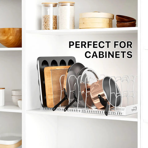 Built Tough Expandable Pan Rack With Ten Adjustable Compartments Heavy Duty Kitchen Pot Organizer in cabinet, holding pots and baking sheets.