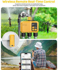 WiFi Water Timer Three Zone Garden Hose Controller with brass inlet shown in garden setting, app control demo on smartphone
