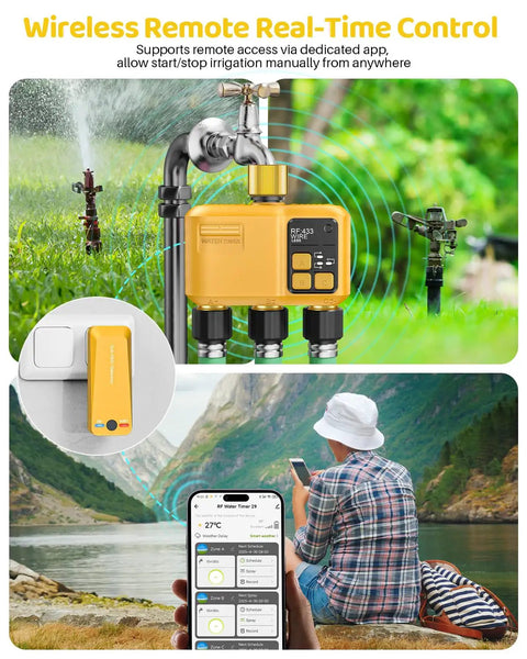 WiFi Water Timer Three Zone Garden Hose Controller with brass inlet shown in garden setting, app control demo on smartphone