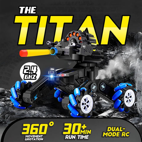 Gesture Sensing RC Tank That Shoots, Epic Battle Ready Remote Control Tank with LED lights, black and blue design.
