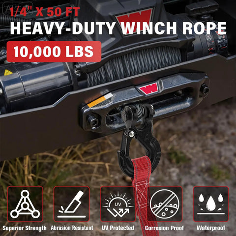 Beefed Up Synthetic Winch Rope Kit For ATVs And UTVs Off Road One Quarter Inch By Fifty Feet With Ten Thousand Pounds Breaking Strength Includes Forged Hook Protective Sleeve Rubber Stopper And Safety Pull Strap Gray