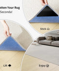 Visual guide showing No Slip Rug Grippers 12 Pack for area rugs on hardwood floors, with adhesive application and room setup.