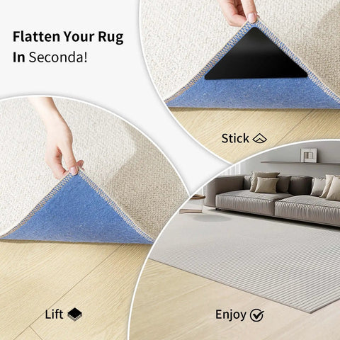 Visual guide showing No Slip Rug Grippers 12 Pack for area rugs on hardwood floors, with adhesive application and room setup.