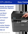 Compact Monochrome 3 In 1 Laser Printer With Copy Scan And Auto Duplex Wireless And Mobile Printing Alexa Compatible No Fuss Small Biz Workhorse For Home Office Use Includes Refresh Trial with connectivity options displayed
