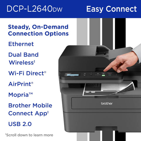 Compact Monochrome 3 In 1 Laser Printer With Copy Scan And Auto Duplex Wireless And Mobile Printing Alexa Compatible No Fuss Small Biz Workhorse For Home Office Use Includes Refresh Trial with connectivity options displayed