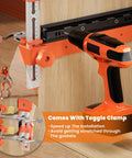 Adjustable Drawer Slide Jig With Toggle Clamp And Magnetic Arm For Precision Cabinet Installations, Laser Engraved Dual Scale Marks For Perfect Alignment, Easy Drawer Slide Mounting Tool for DIY Woodworking Projects in use with drill on wooden cabinet.
