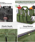 Heavy Duty Garden Tool Tote Bag With Stand Up Bottom And Built In PE Foam 900D Tool Organizer, showing tools in pockets