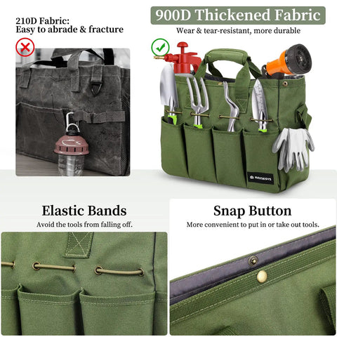 Heavy Duty Garden Tool Tote Bag With Stand Up Bottom And Built In PE Foam 900D Tool Organizer, showing tools in pockets