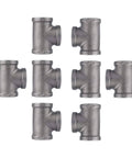 Set of eight Three Quarter Inch Black Malleable Iron Tee Fittings for DIY plumbing and furniture projects
