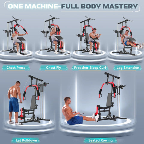 All In One Home Gym Workout Station With Lat Pulldown, Chest Press, And Fly, Seated Row, Leg Extension And Curl, Preacher Curl setup