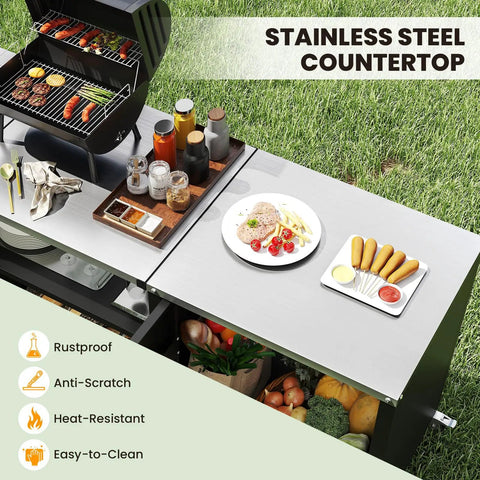 80 Inch Outdoor Grill Table With Sink And Drainage, Heavy Duty Metal Cart With Cabinet And Removable Stainless Steel Top