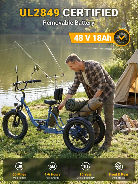 FAM01 Electric Tricycle For Adults With Basket And Two Seater Peak 1500W Motor 20 Inch Fat Tire Three Wheel E Bike 48V 18Ah Removable Battery Pedal Assist Rear Differential 75 Plus Mile Range blue trike with rear basket by campsite