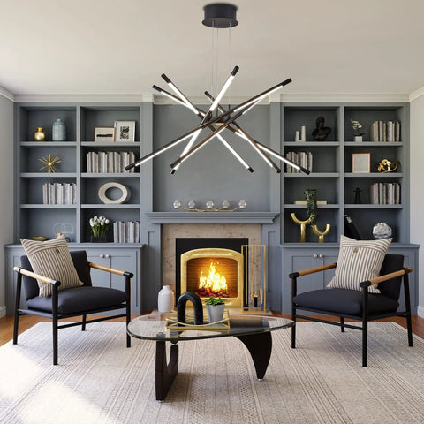 Black Modern LED Sputnik Chandelier With 12 Lights Pendant, 4000K Dimmable Ceiling Fixture In Aluminum And Acrylic in living room