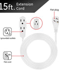 Real Plug And Play Powerhouse 3 Outlet Flat Extension Cord With Super Flexible 15 Foot Grounded Power Cable Heavy Duty 16 AWG Wire showing 15ft flat cord and 3 outlets.