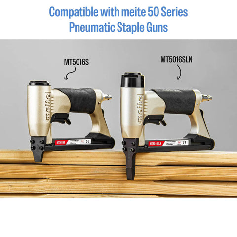 Two Meite 50 Series pneumatic staple guns with MT5016S and MT5016SLN models on wooden surface.