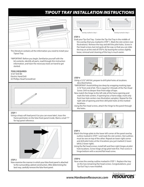 Installation guide for Tipout Base Cabinet Tray Set, White Plastic, 14.8125 Inch Wide, 2 Shallow Trays with Hinges, Includes 20 Screws.