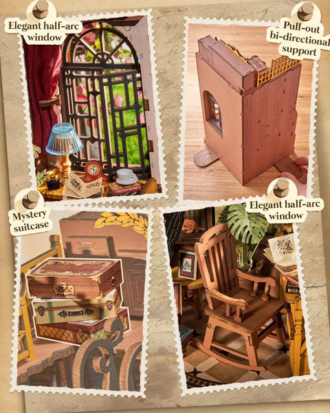 Dark Academia Book Nook Kit With LED Light 3 Hour Easy Build 3D Wooden Puzzle featuring elegant window and suitcase details.