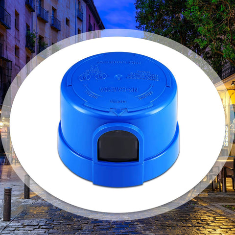 Close-up of Three Pack Photocell Twist Lock Auto On Off Sensor Switch For Outdoor Lighting Dusk To Dawn Light Control, blue weatherproof exterior.