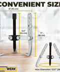Front view of a Three Jaw Gear Puller Kit 6 inch Wheel Bearing Removal Tool, showing dimensions and heavy duty separator features.