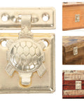 Two-Pack Heavy Duty Jewelry Box Latch With Decorative Turtle Lock Buckle shown on wood and brocade boxes, iron hardware built tough.