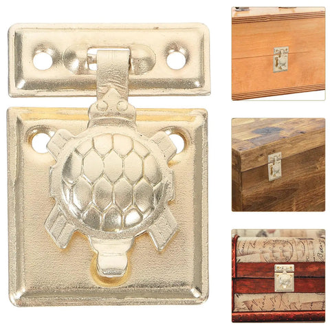 Two-Pack Heavy Duty Jewelry Box Latch With Decorative Turtle Lock Buckle shown on wood and brocade boxes, iron hardware built tough.