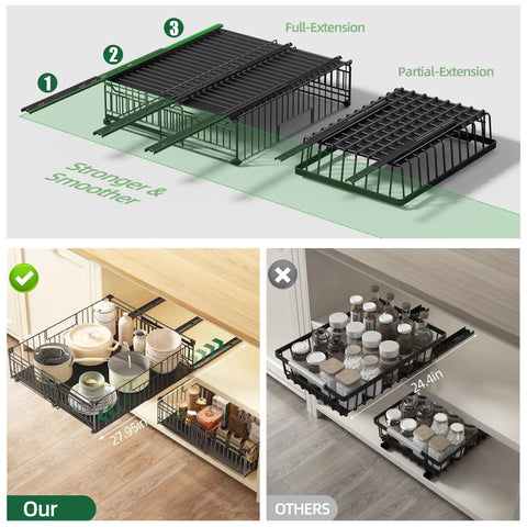 Kick Pantry Chaos To The Curb With This 2 Pack Expandable Pull Out Cabinet Organizer showing full and partial extensions alongside organized storage.